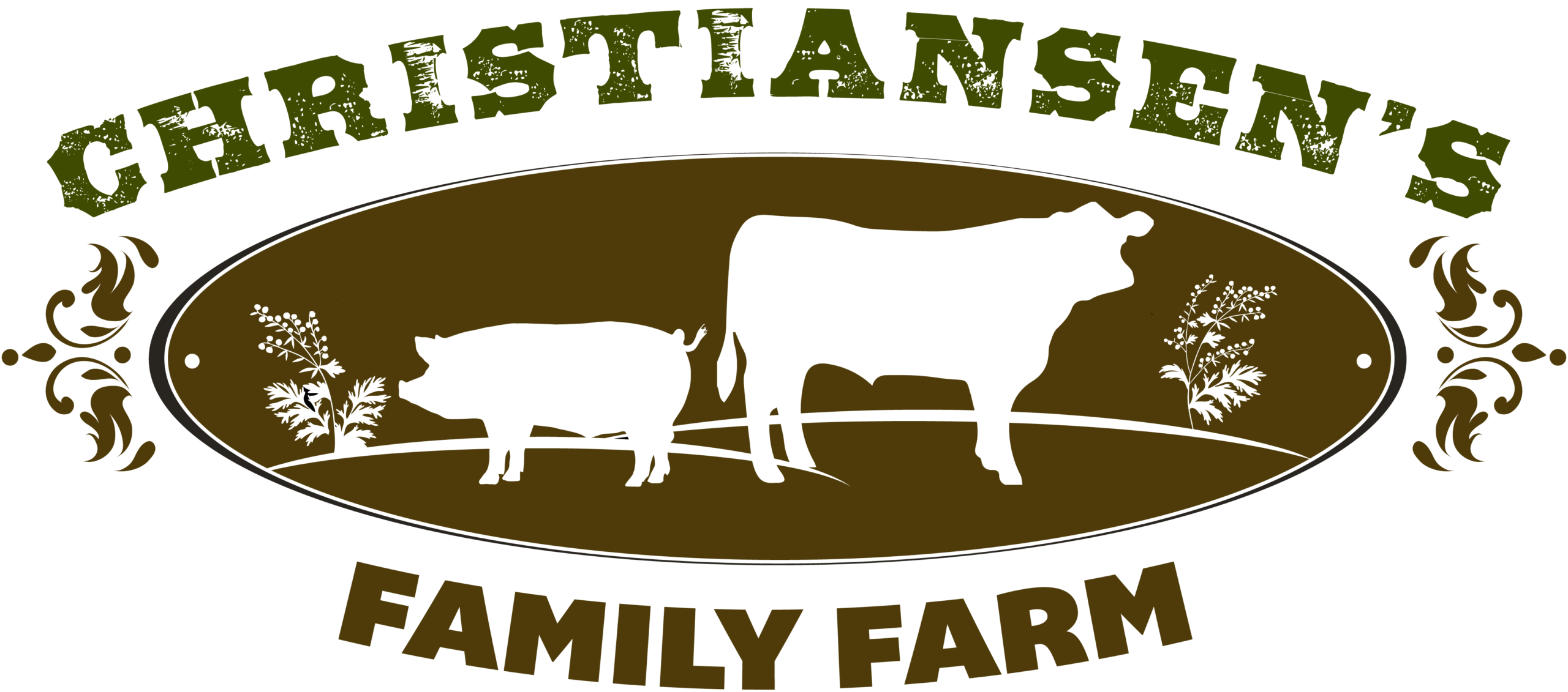 Christiansens Family Farm Utah - logo_600ppi_logo Logo of Christiansen's Family Farm featuring silhouettes of a cow and a pig, surrounded by decorative elements and the farm's name prominently displayed. Ideal for agricultural branding and family-run farm identity.