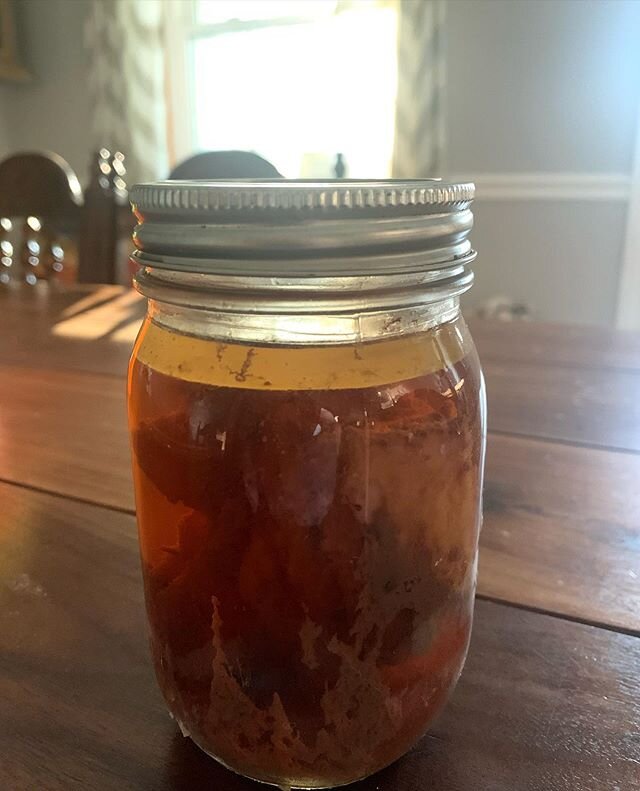 image-asset - 2026-07-17T142705.191 Mason jar filled with amber-colored liquid, possibly homemade syrup or infused oil, sitting on a wooden table with natural light illuminating the background.