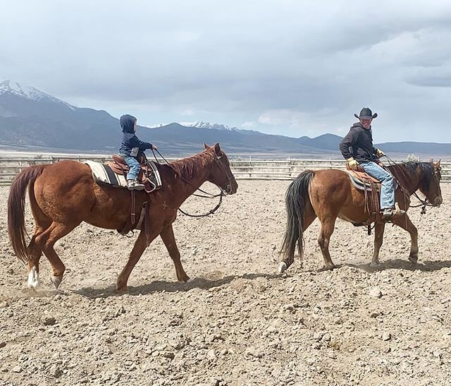 image-asset - 2026-07-17T142711.344 A child riding a brown horse alongside an adult on another horse in a riding arena, with mountains in the background under a cloudy sky.